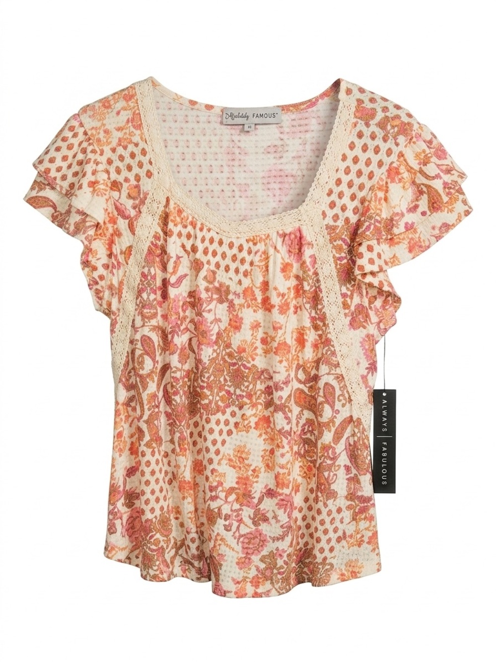 Almost Famous Pink & Cream Floral Scoop-Neck Flutter Sleeve Top